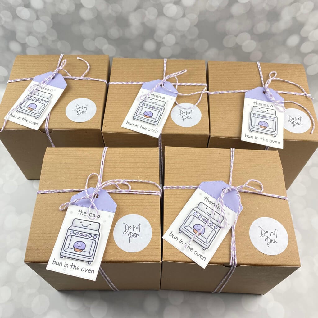 baby shower favors in boxes | hosting a virtual baby shower | Positively Jane 
