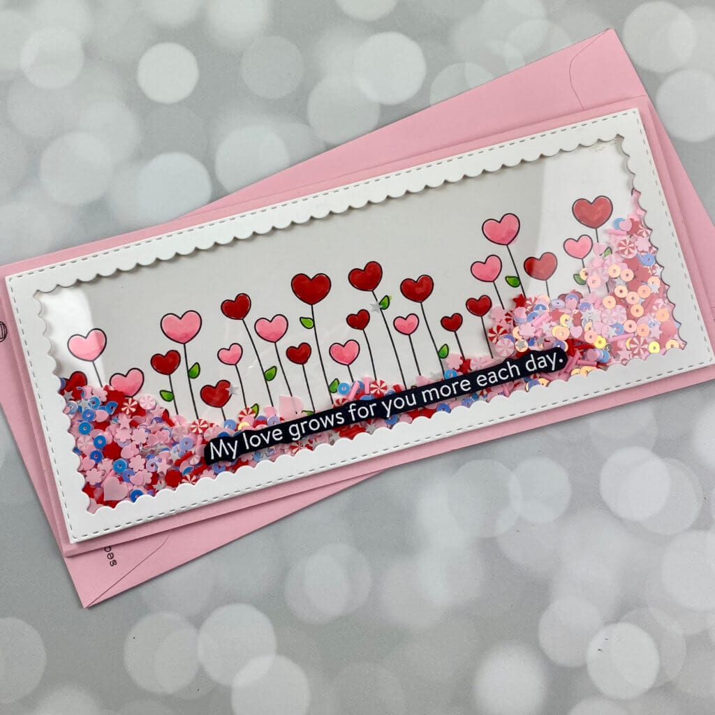 handmade slimline shaker card using the simon says stamp heart garden stamp set