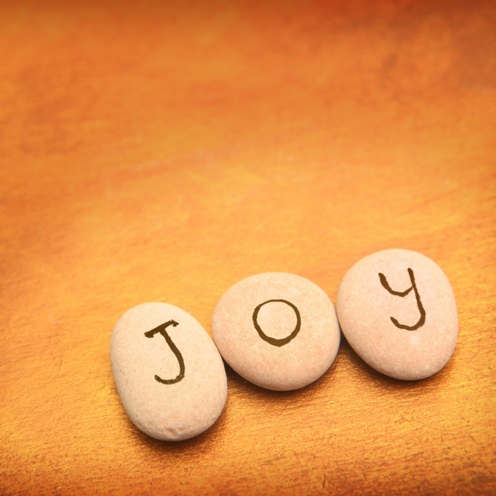 the word joy spelled out with rocks
